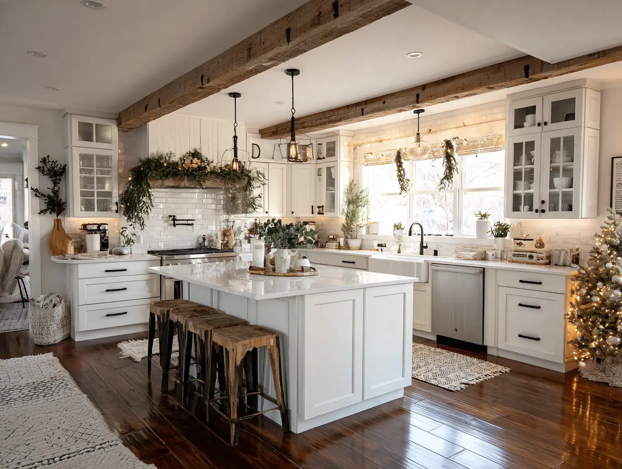 Festive Christmas kitchen setup with mini trees, holiday towels, and rustic decor accents styled on a countertop.