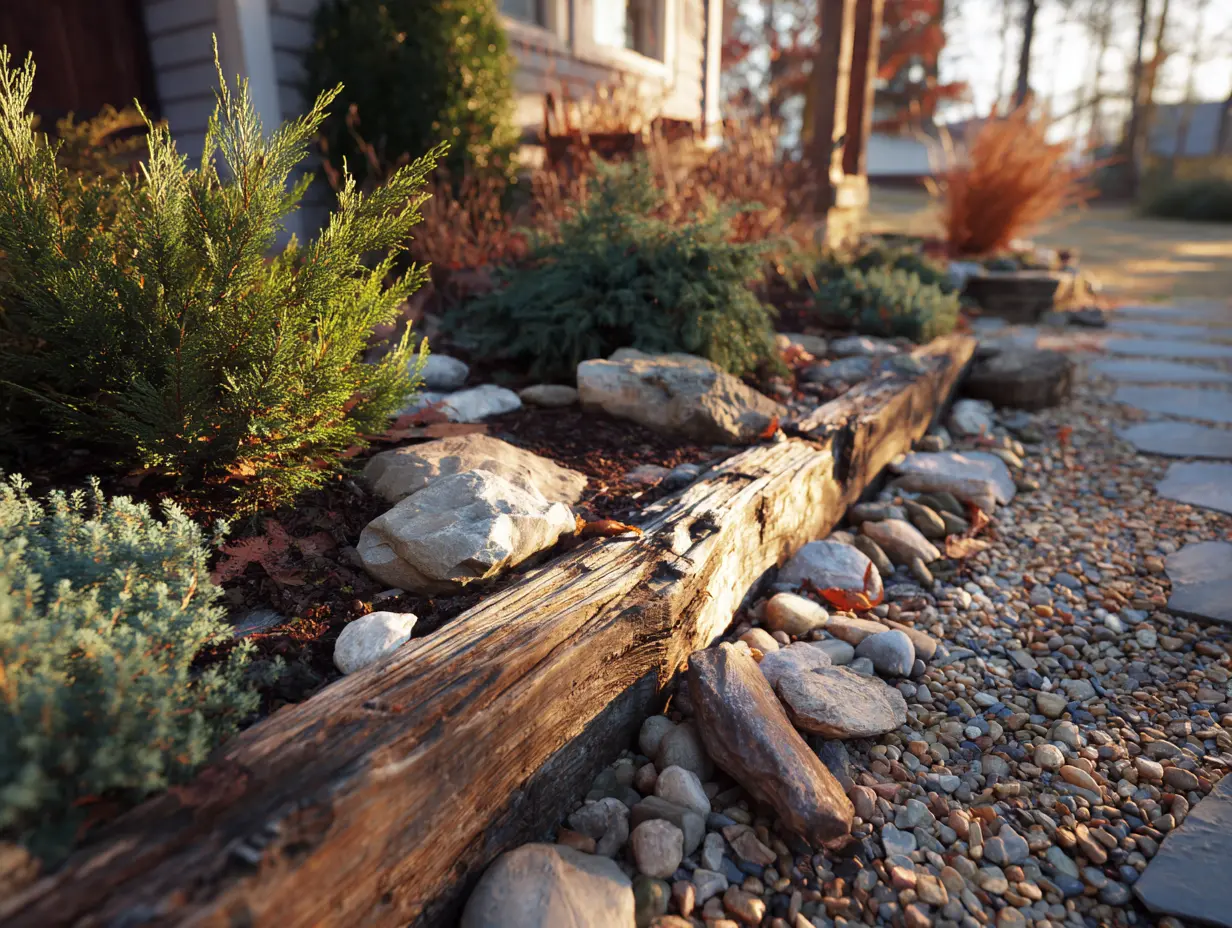 Rustic front yard landscaping with weathered wood edging, river rocks, stone garden edging, and evergreen shrubs along walkway.