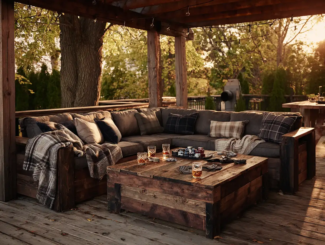 Outdoor man cave ideas featuring a covered rustic patio with deep sectional seating, a reclaimed wood coffee table, casual game-night setup, and a relaxed backyard lounge designed for unwinding and entertaining.