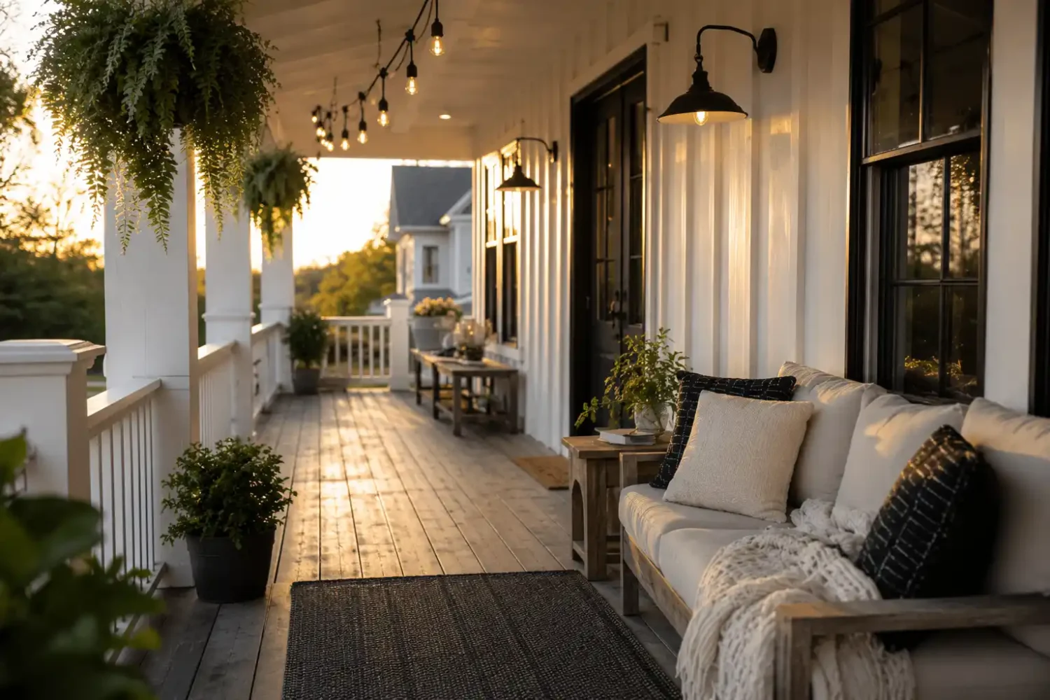 Welcoming farmhouse-style front porch featuring a cushioned loveseat, hanging plants, string lights, and golden hour lighting.