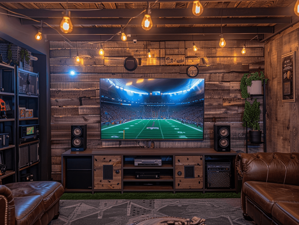 Man cave with a tv playing football on the TV, string lights overhead and a stereo system. 