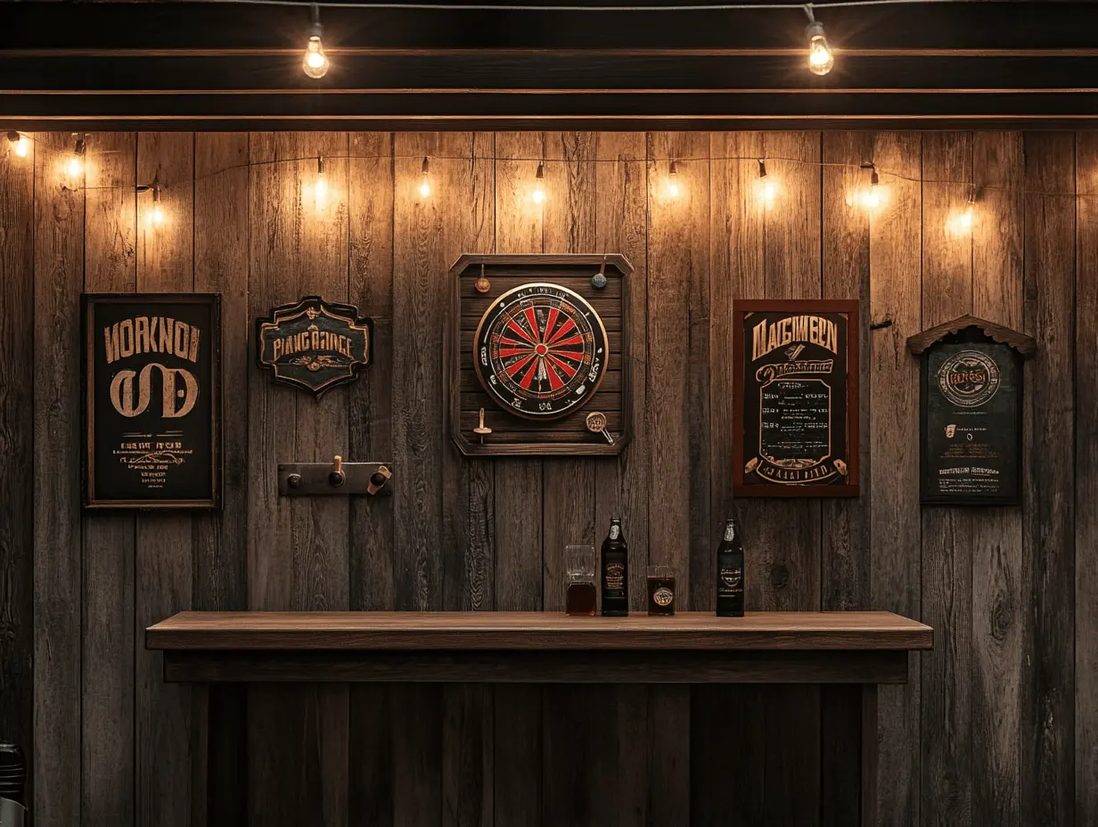 Vintage bar signs, mounted bottle opener, and Bluetooth rock speaker in a man cave — pin this man cave decor idea for your backyard hangout zone!
