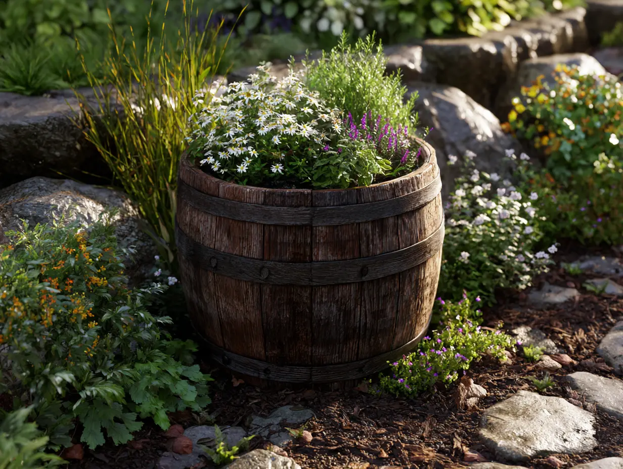 Rustic whiskey barrel planter filled with herbs and wildflowers in a front yard garden