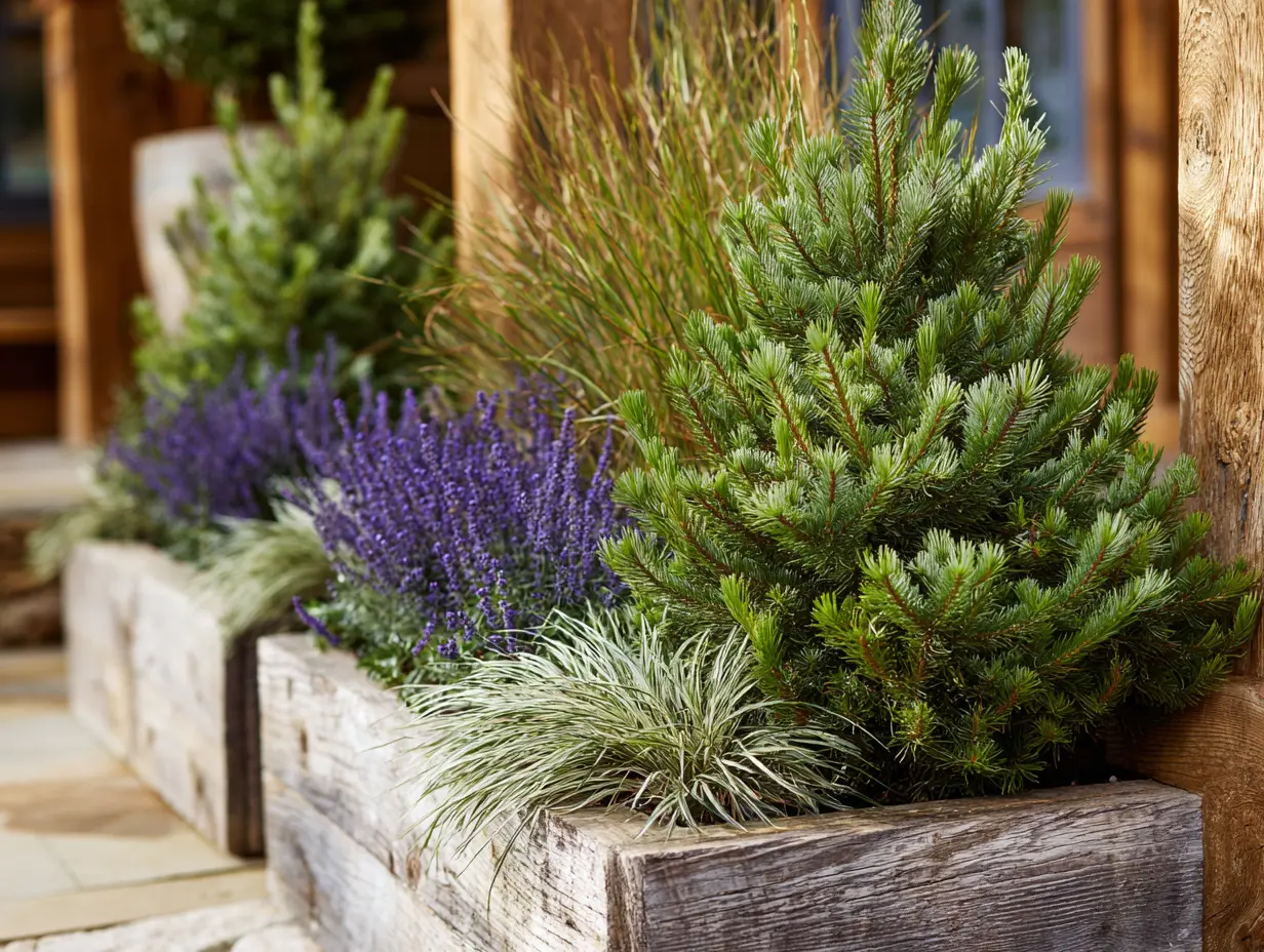 Front yard layered with dwarf spruce, lavender, and ornamental grasses, styled like interior decor with staggered heights, soft textures, and a rustic wooden planter box adding structure and visual rhythm