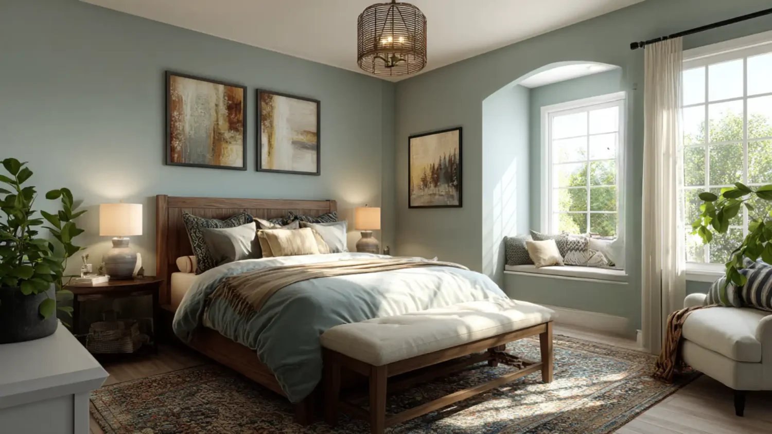 Cozy bedroom with soft teal accent wall and warm lamp light showing calm paint colors for bedrooms.