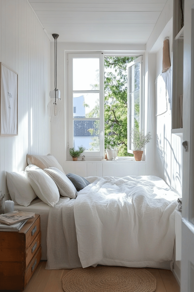 Cozy tiny bedroom ideas with layered neutral bedding, soft lighting, and a calming vibe – Pin this for warm small space inspiration!