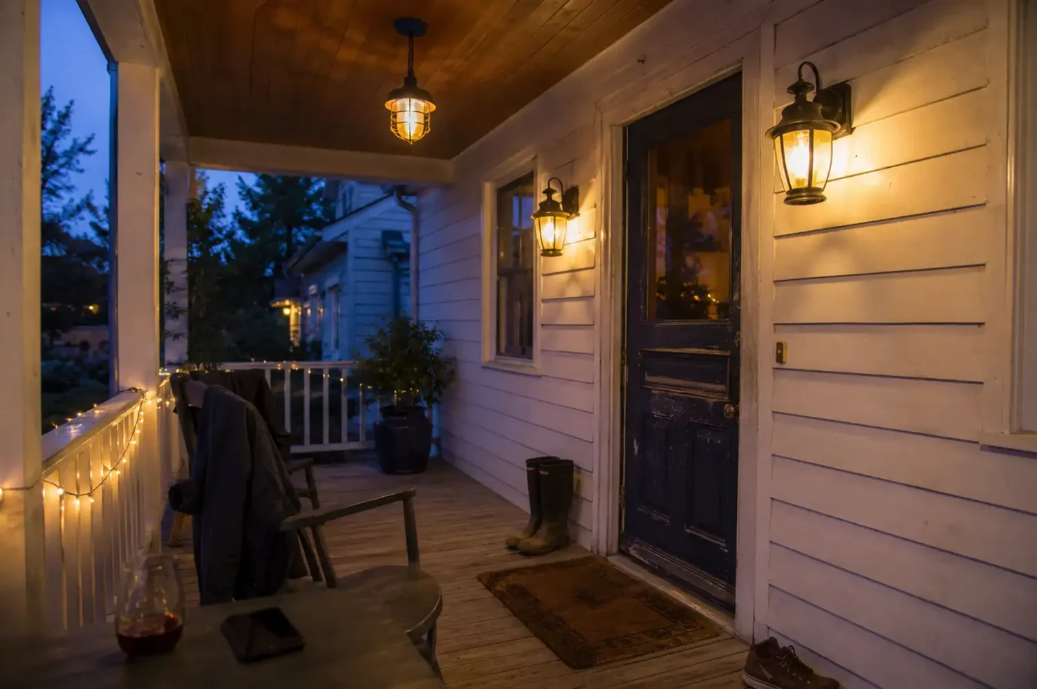 Covered front porch at dusk with vintage cage pendant light, lantern wall sconces, and string lights along the railing.