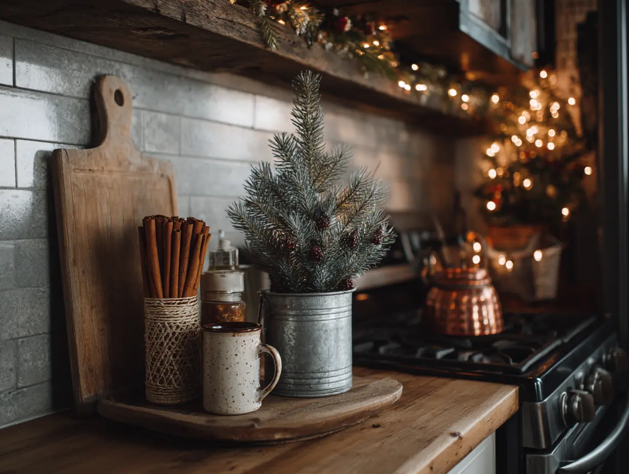 Mini Christmas tree in a galvanized pot styled in a small kitchen corner with cinnamon sticks and cedar accents—perfect festive touch for compact spaces.