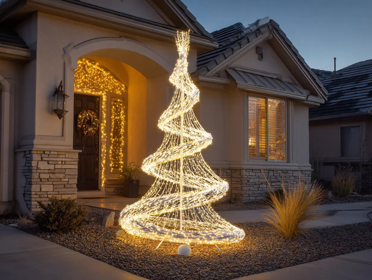 Lighted outdoor spiral Christmas tree set glowing in a front yard, symmetrical placement creating bold front of house holiday decor with sparkling LED lights.