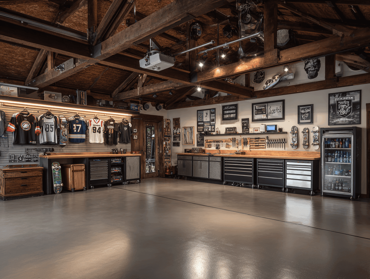 Garage man cave with storage and art on the wall. Refrigerator and tool boxes.
