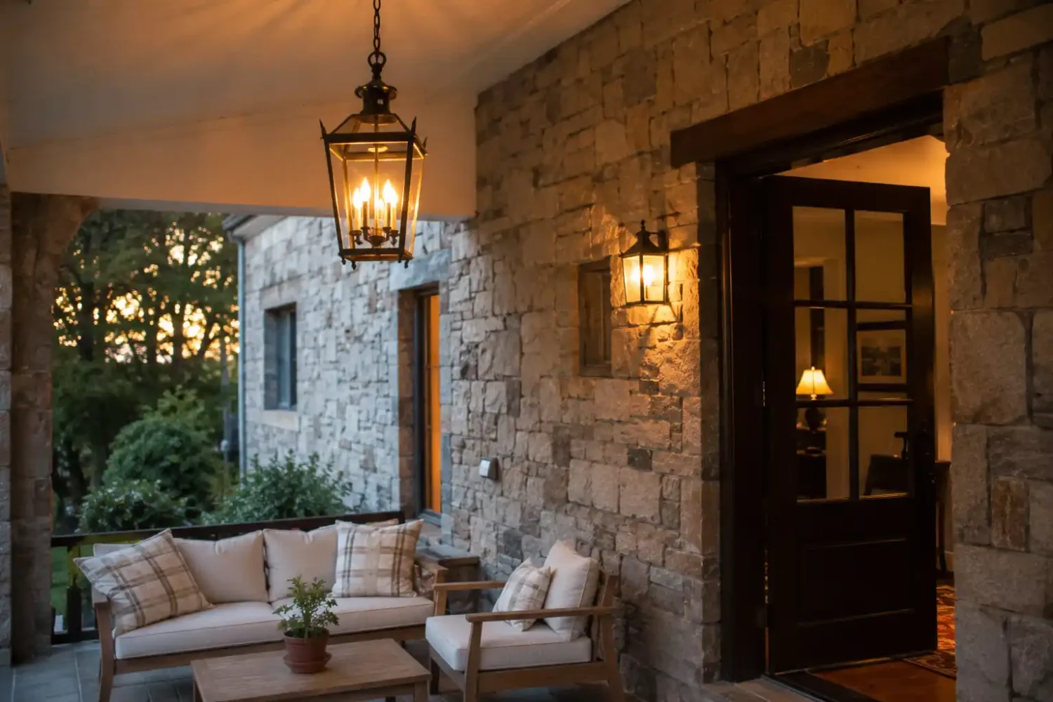 Stone covered porch at sunset with brass candle-style lantern pendant and matching wall sconce beside an open dark wood door.