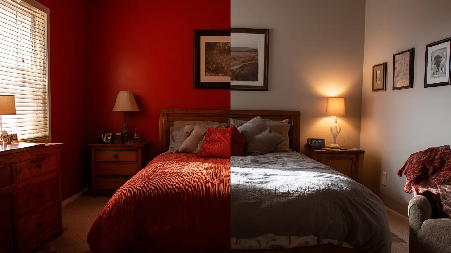 Bold red bedroom versus calm neutral bedroom showing what to avoid with calm paint colors for bedrooms.