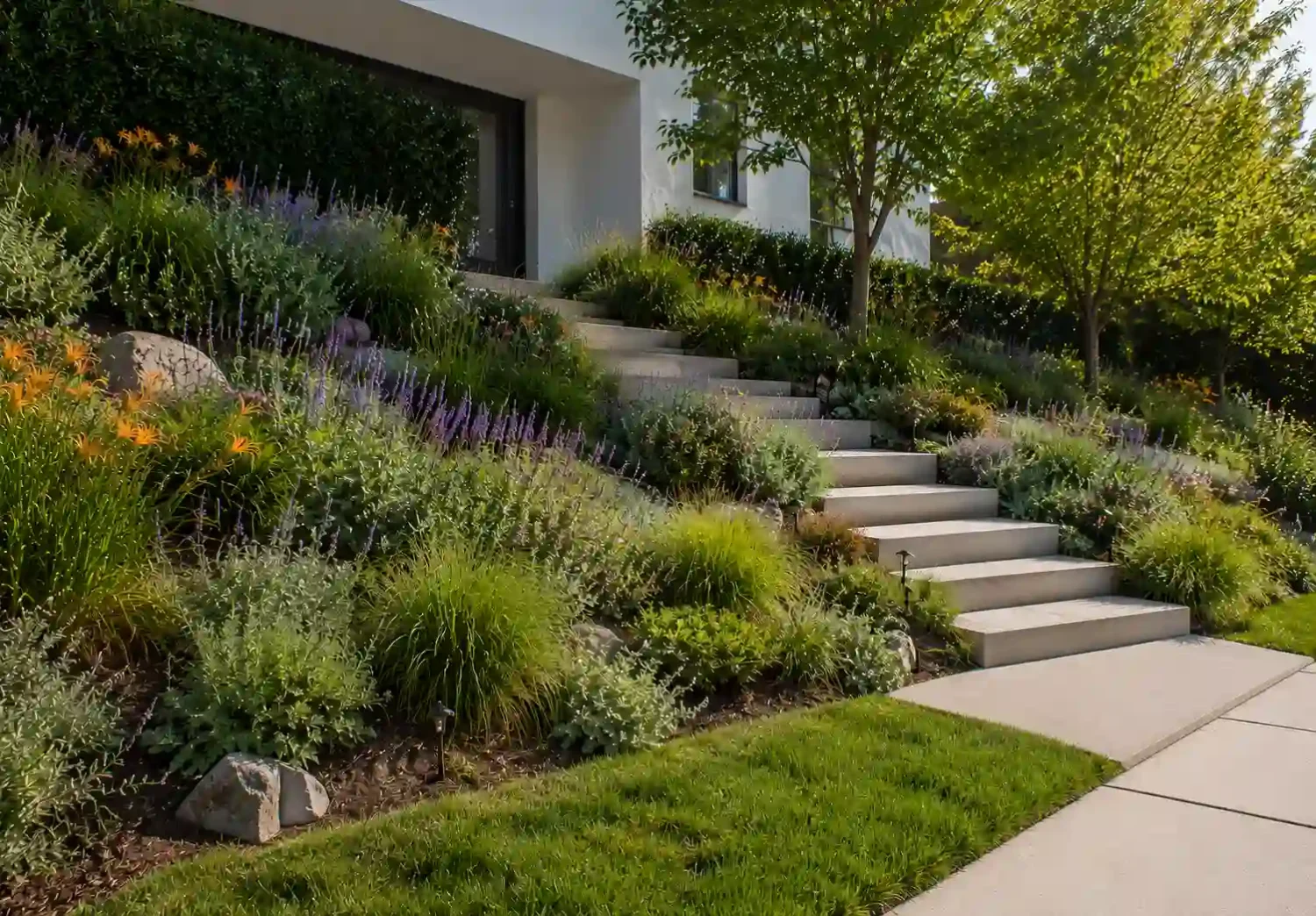 Mature landscaped slope with layered plants, clean edges maintained by cordless trimmer.