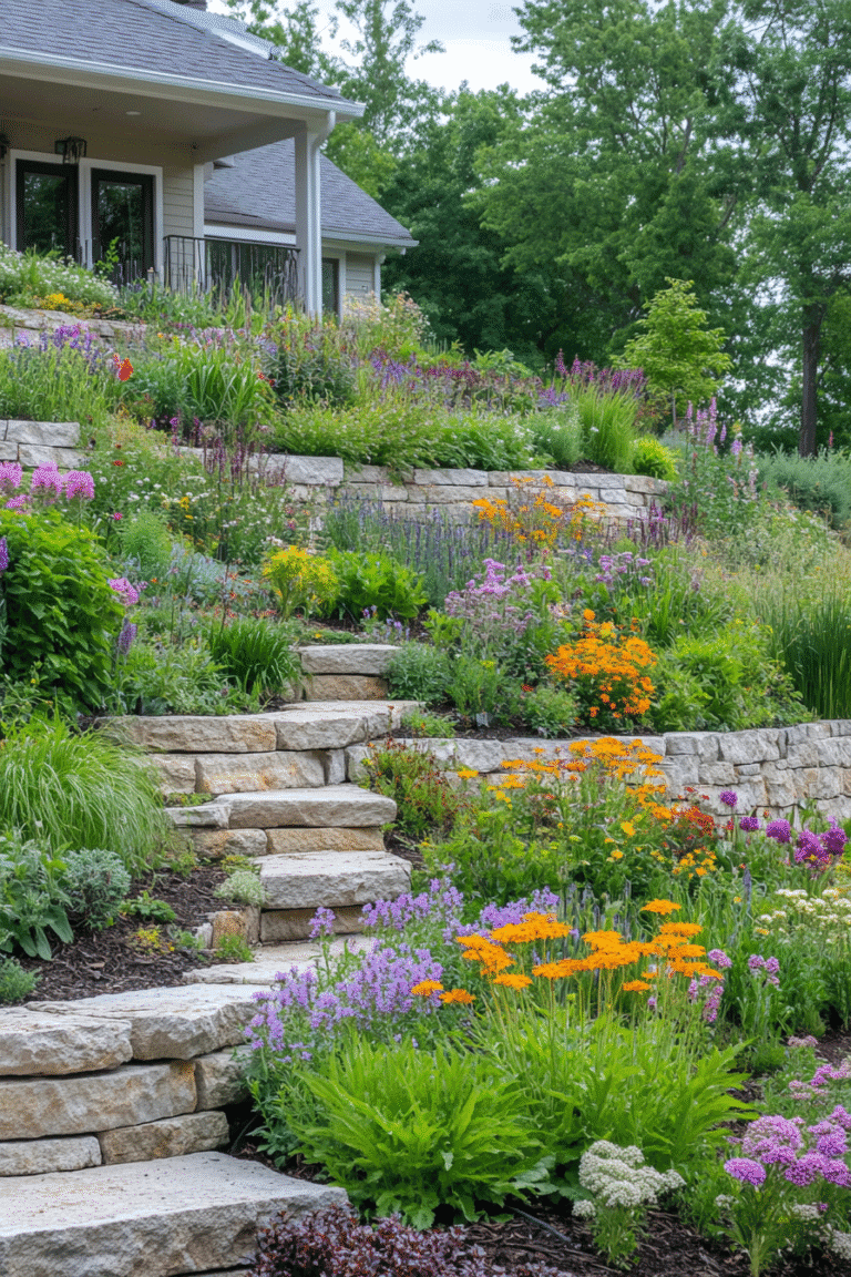 Steep hill landscaping ideas featuring terraced garden design with retaining walls and native plants - transform your challenging slope into a beautiful landscape today