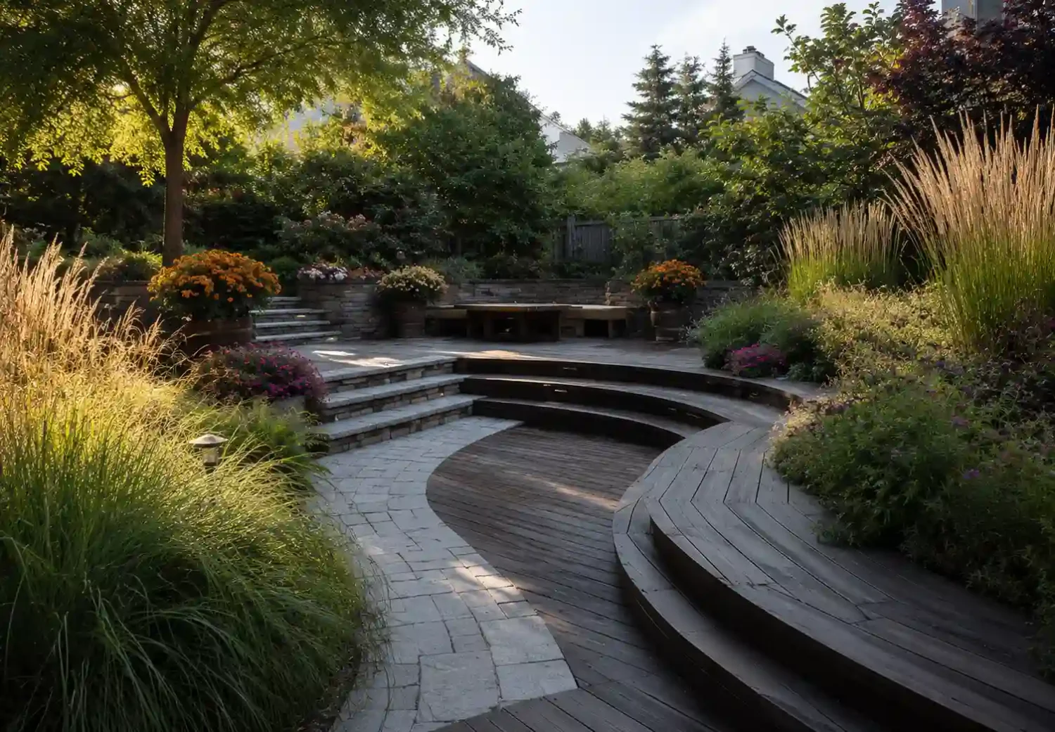 Tiered hillside garden with curved flagstone pathway connecting functional outdoor spaces on a steep slope