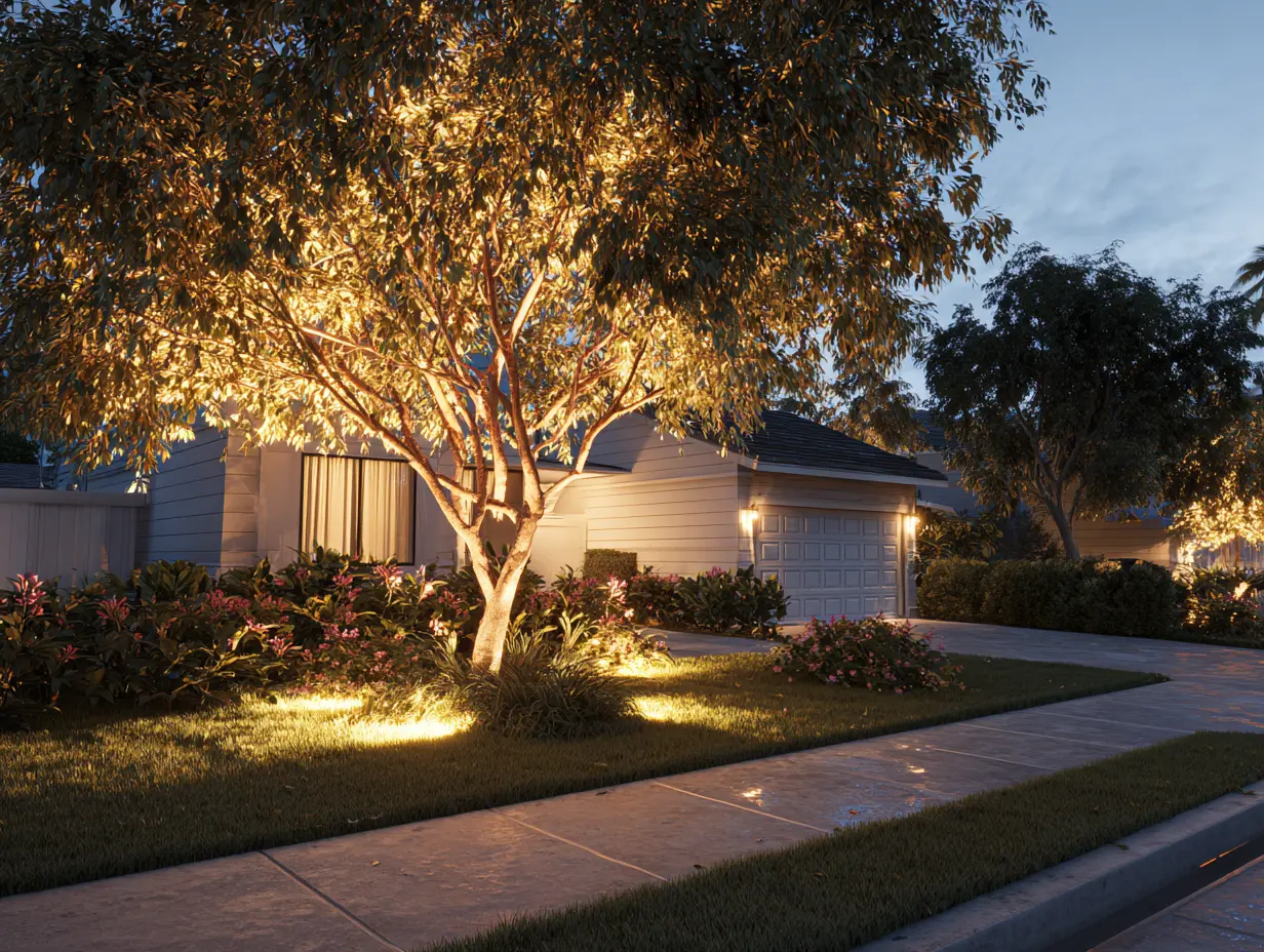 Tree uplighting illuminating a front yard at dusk, warm golden glow on canopy and landscaping with garage sconces in the background, suburban curb appeal at night.