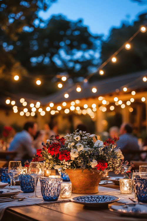 4th of July party table decorated with red, white, and blue flowers under string lights at twilight — save this for your next backyard celebration!