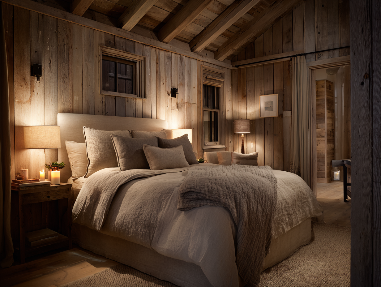 Lake house bedroom with linen-shade table lamps, plug-in wall sconces, and soft ambient glow over neutral bedding and wood accents