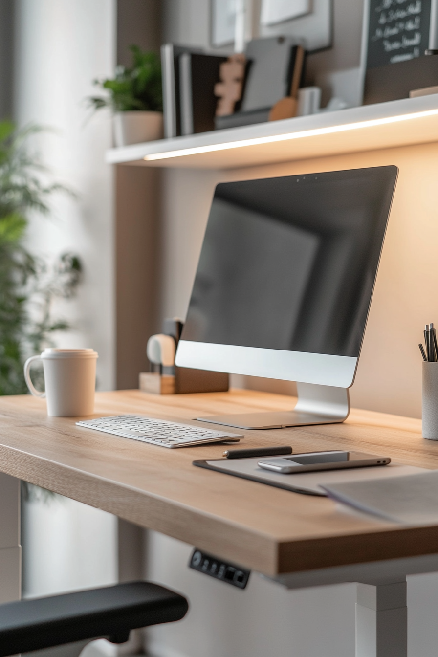 Smart home upgrades for your home office — featuring a standing desk with built-in tech, soft lighting, organized workspace, and cozy minimalist design. Pin this office setup for your WFH goals!