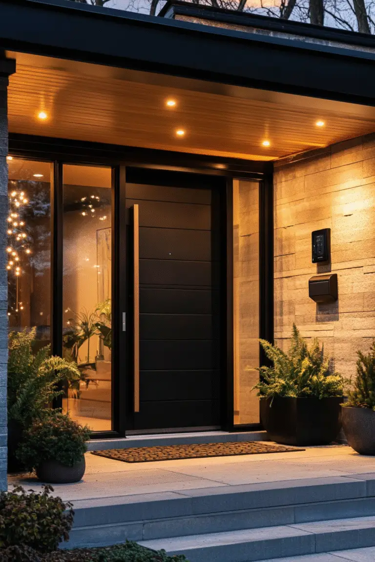 Smart home front entry with sleek security keypad and video doorbell — perfect cozy upgrade idea for curb appeal and tech-savvy homeowners. Pin this smart home upgrade for later!