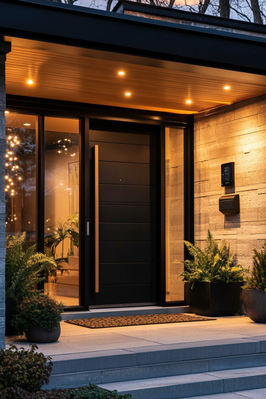 Smart home front entry with sleek security keypad and video doorbell — perfect cozy upgrade idea for curb appeal and tech-savvy homeowners. Pin this smart home upgrade for later!