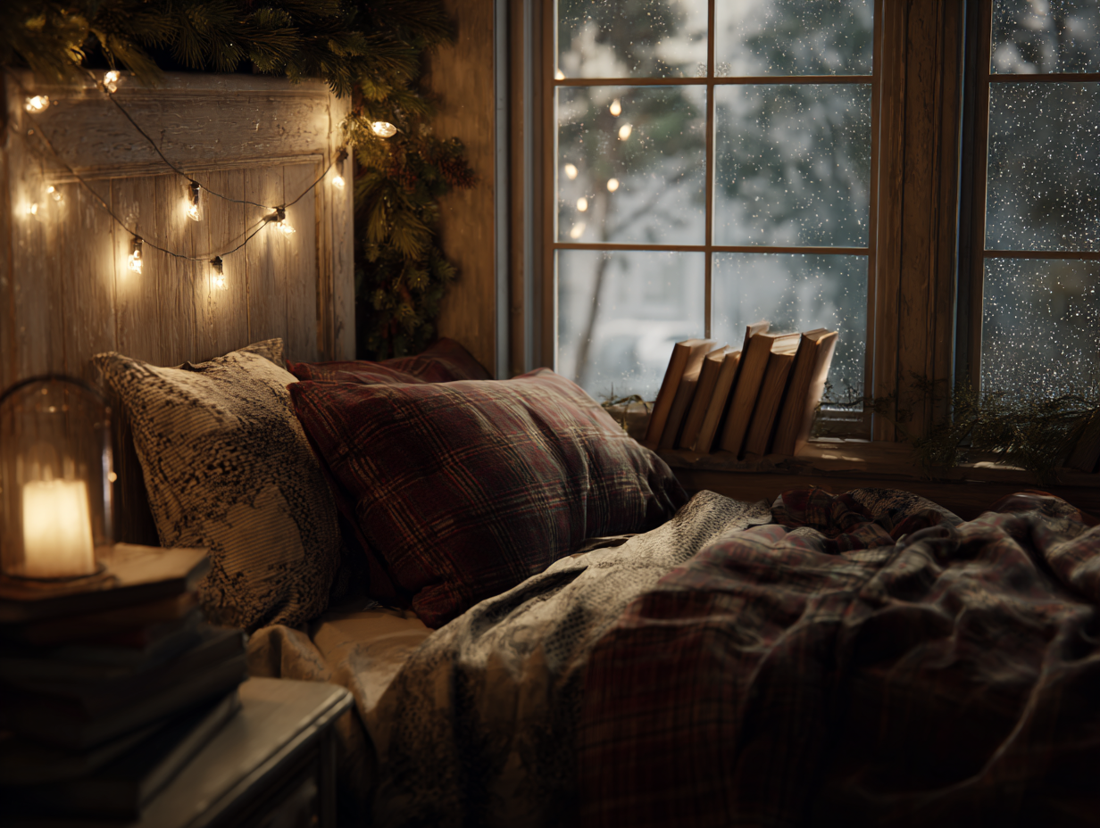 Cozy Christmas bedroom with candles, string lights, and holiday playlist on nightstand