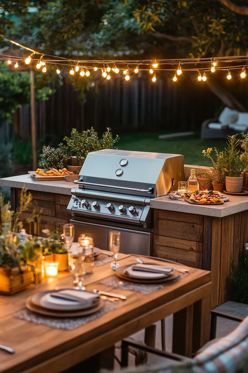 High-end outdoor grill island on a cozy backyard patio, styled for evening entertaining with string lights, candles, and a wooden dining table — perfect summer hosting vibes.