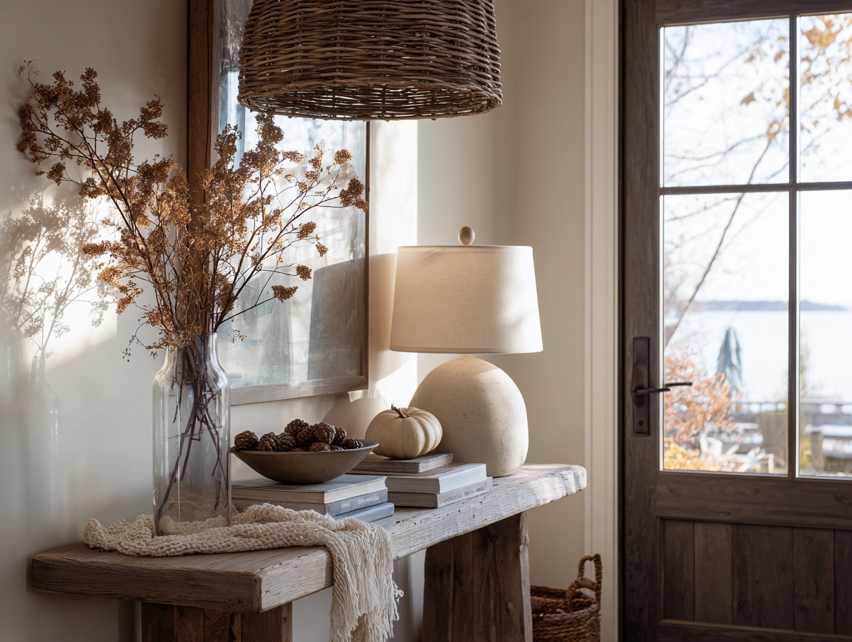 Lake house entryway with woven ceiling fixture, wood console table, and soft table lamp casting a glow over seasonal decor