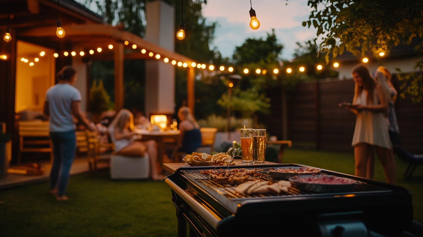 Best outdoor grills on a modern patio setup with stainless steel grill, warm string lighting, and a styled dining area for cozy backyard gatherings.