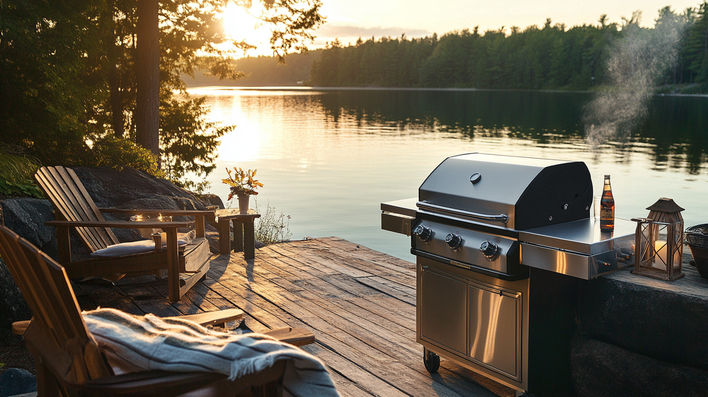 Cozy backyard grill setup with string lights and a modern stainless steel outdoor kitchen, styled for casual entertaining and summer hosting.