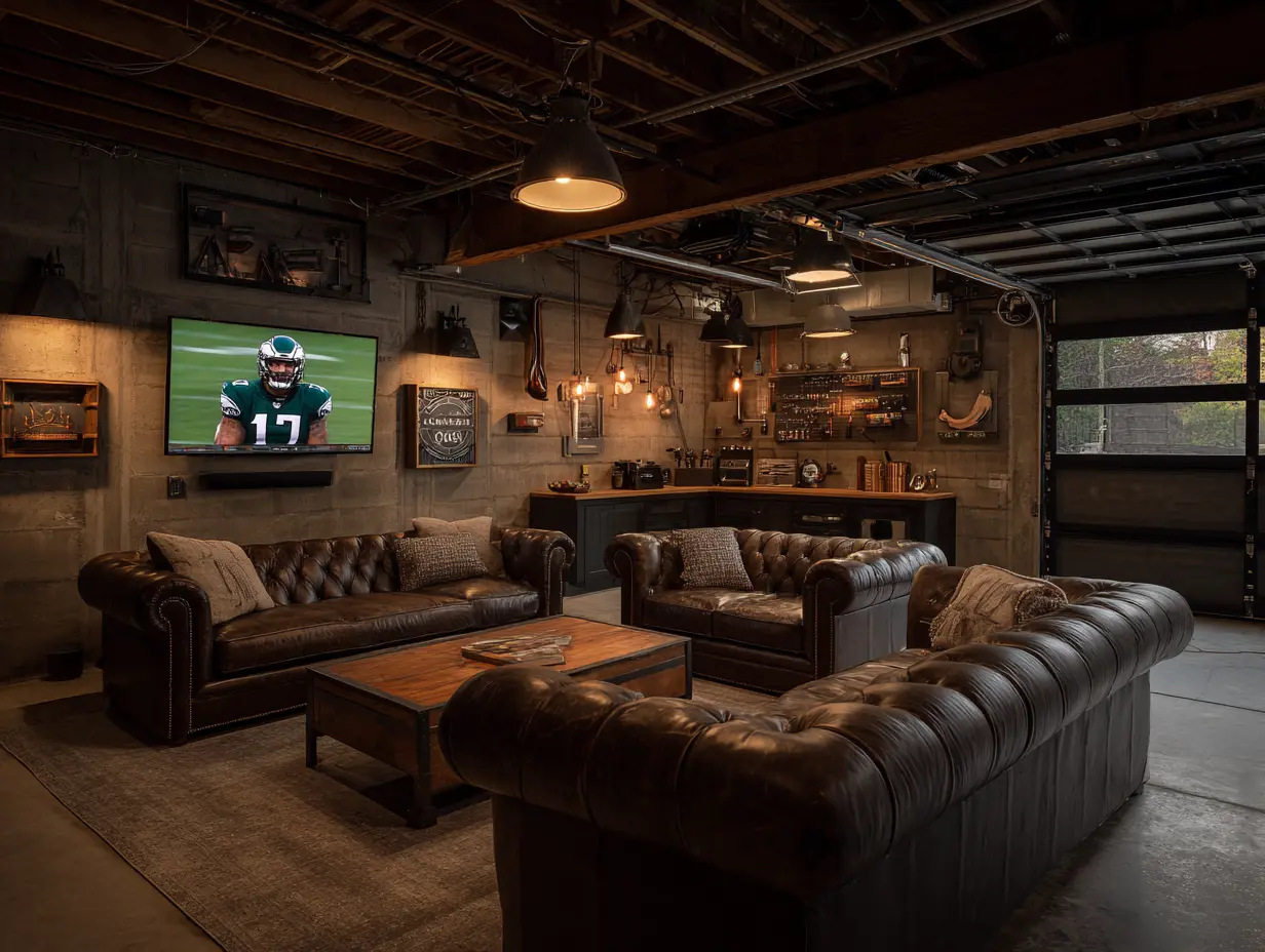 Modern garage man cave setup featuring pegboard wall, seating area, and mounted TV playing the Eagles game.