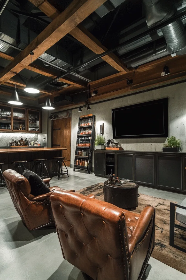 Garage man cave ideas featuring luxurious leather seating, industrial lighting, and entertainment center in a fully converted basement space - transform your garage into the ultimate retreat today!