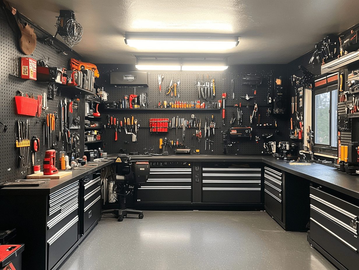Wall-mounted garage storage with pegboard, metal shelves, and a sleek toolbox — practical and stylish.