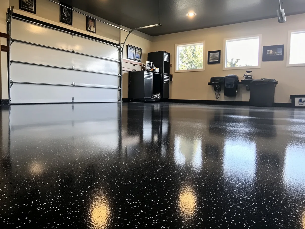 Garage man cave ideas showcasing epoxy floor coating and area rugs for comfort and style - upgrade your foundation today!