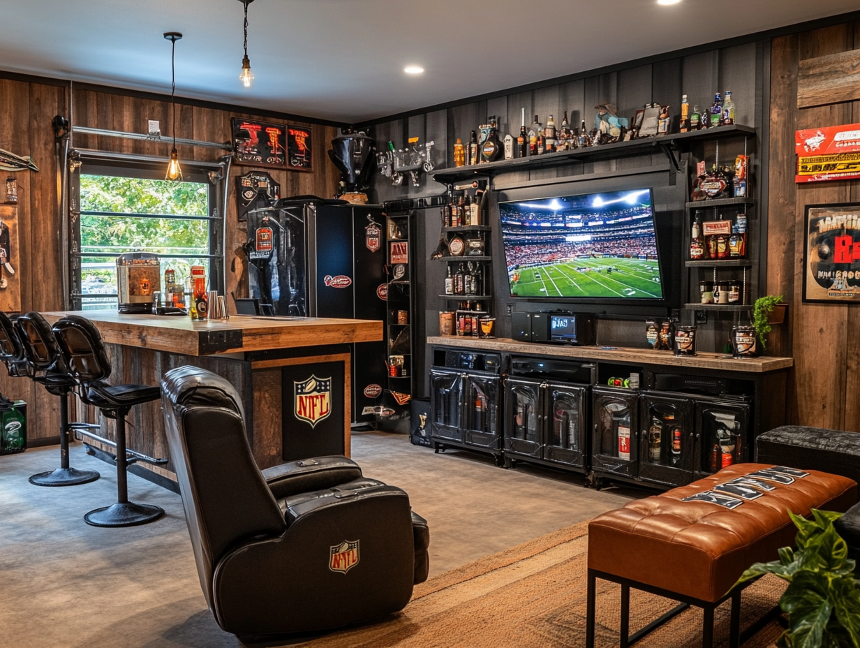 Man cave ideas for garage featuring mounted TV and surround sound system for ultimate entertainment - design your perfect viewing space today!