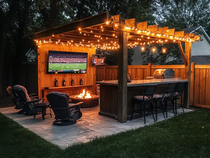 Backyard man cave with wall-mounted outdoor TV and patio seating — pin this outdoor TV man cave idea for your dream setup!