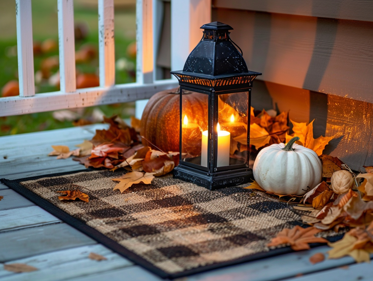 Black metal lantern with flickering candle glow beside layered fall doormat and stacked pumpkins at dusk