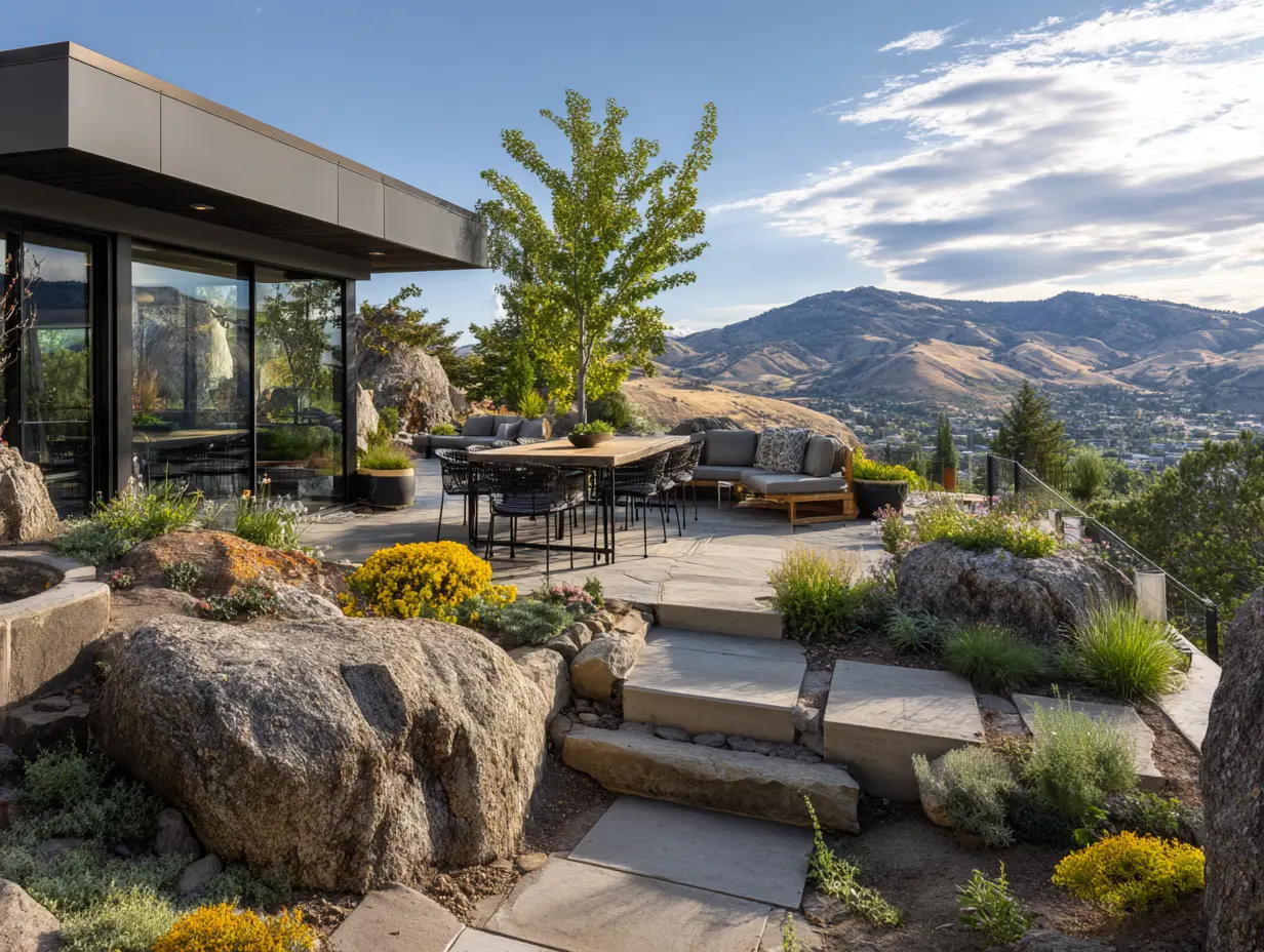 Steep backyard landscaping Ideas: transformed with layered terraces, colorful native plants, and decorative boulders, overlooking a modern patio seating area with mountain views, bright daylight.