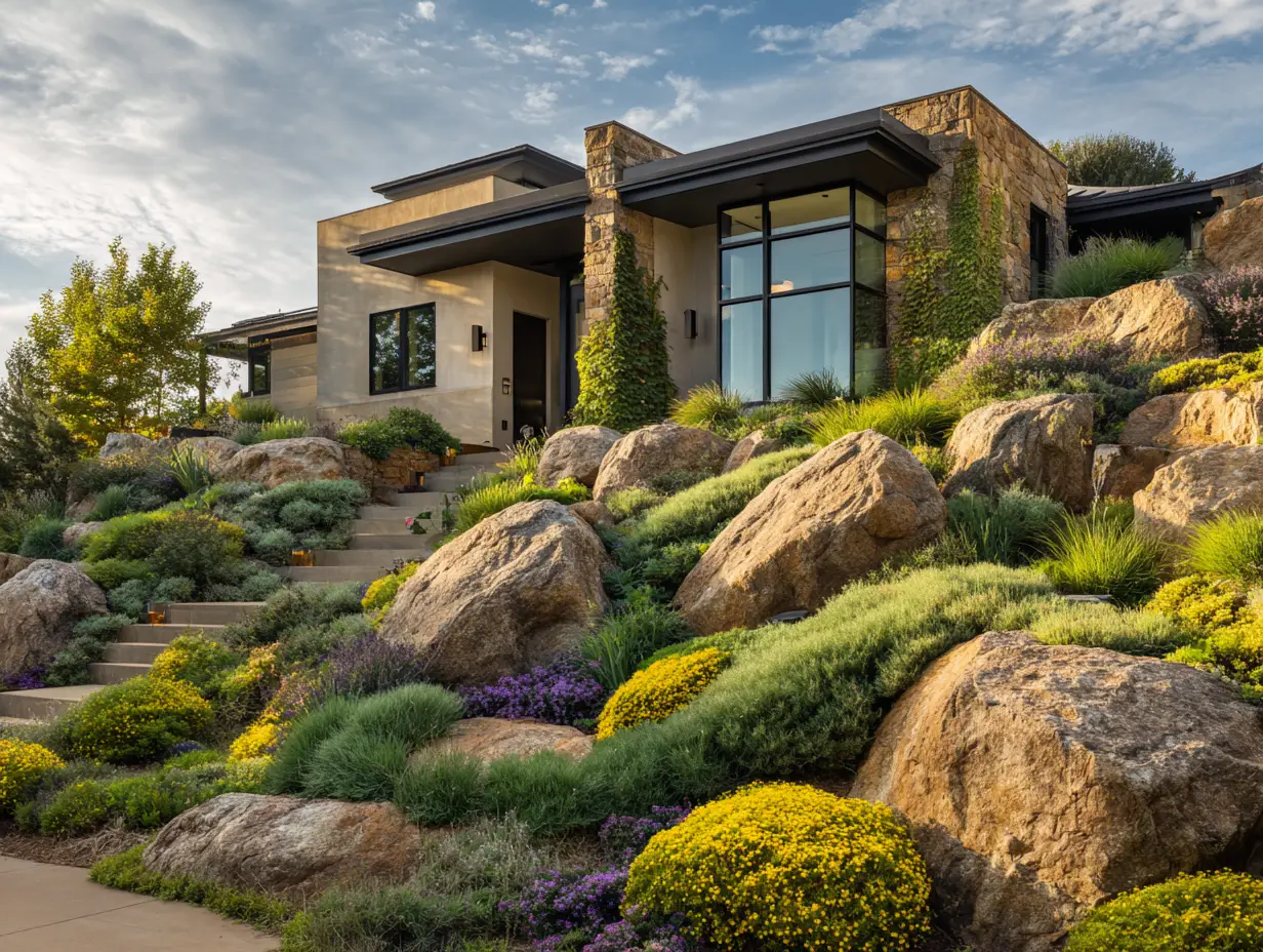 Bold hillside design with layered shrubs, cascading flowers, and large decorative boulders, accented with modern landscape lighting, bright daylight, vibrant colors.