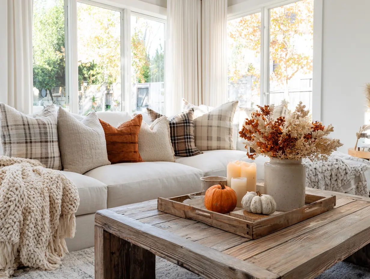 Fall interior styling tips with a living room with layered warm lighting, including table lamps, sconces, and golden LED bulbs for soft autumn glow.