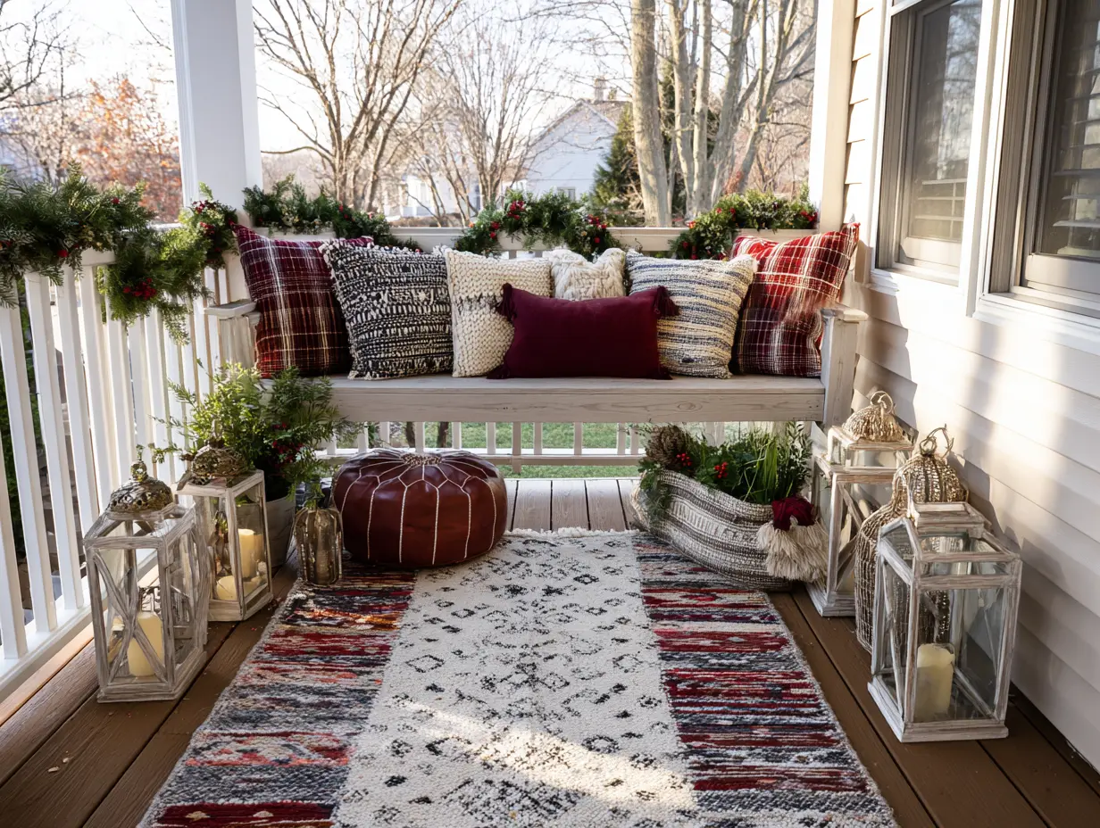 Budget-friendly Christmas porch with layered rugs, reversible holiday pillows on a bench, thrifted lanterns, and DIY ribbon accents woven into a faux garland for a designer look on a budget.