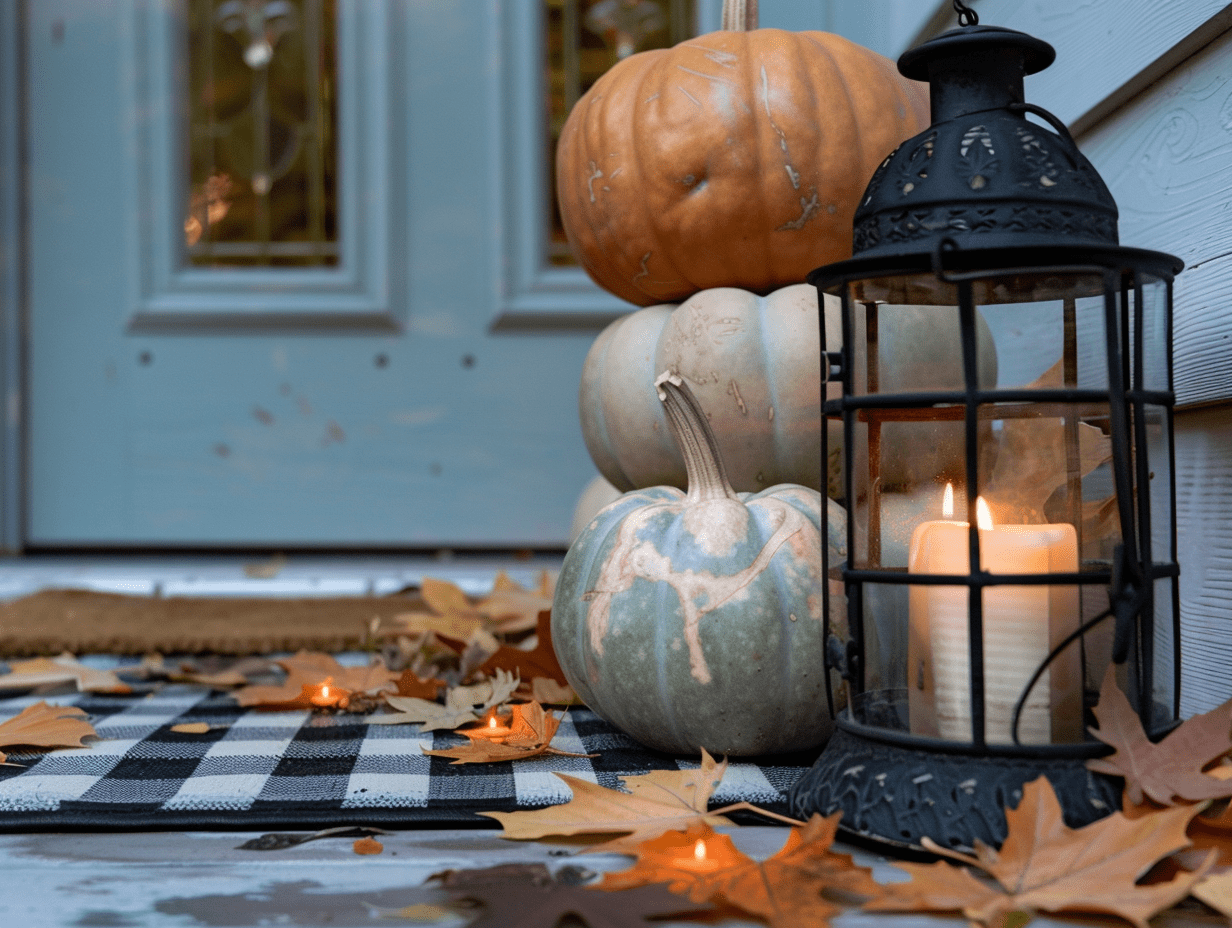 Fall front porch with stacked pumpkins, layered doormats, and a glowing metal lantern with flameless candle