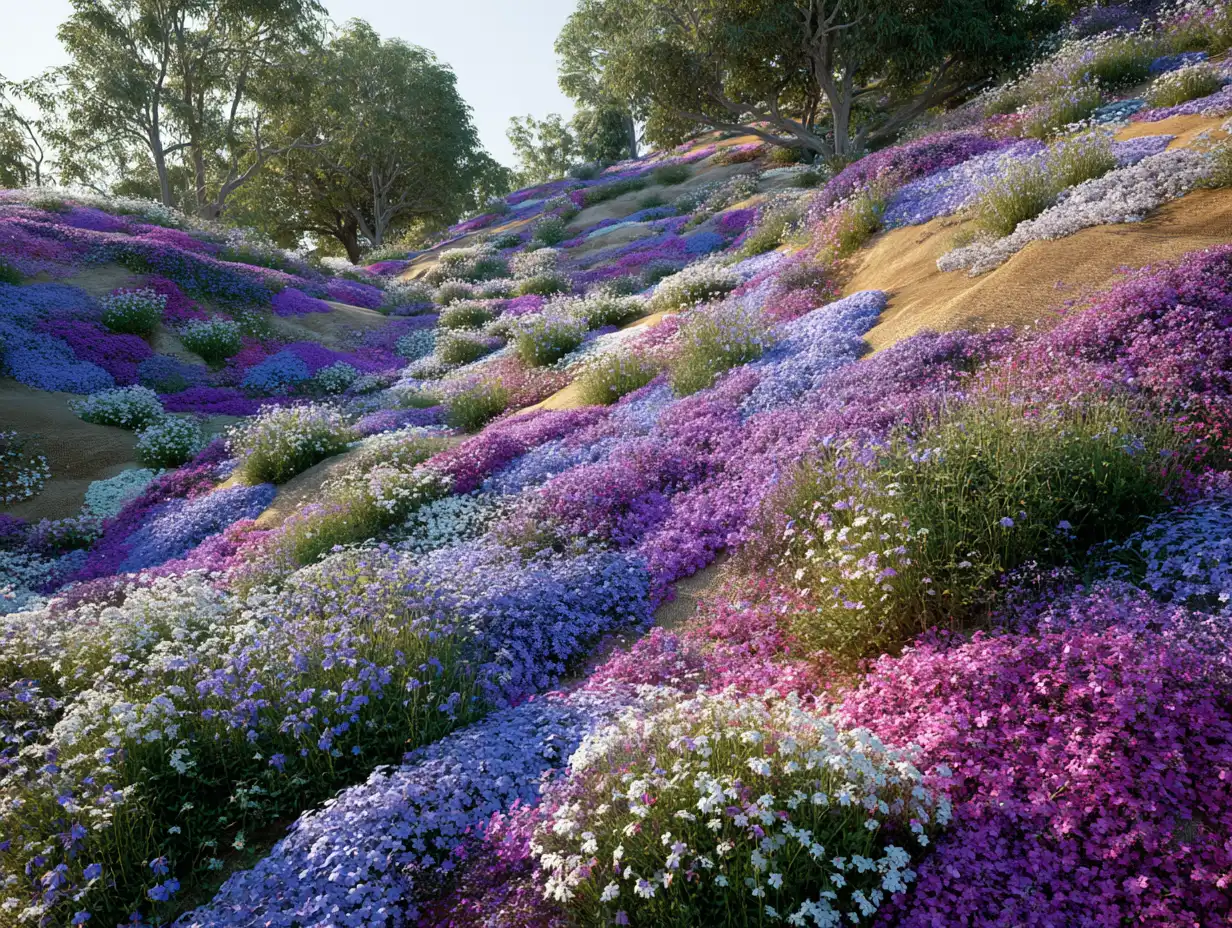 Colorful hillside covered in creeping phlox, vinca, and pachysandra, mixed with clover patches, stabilized with woven landscape fabric, bright daylight.