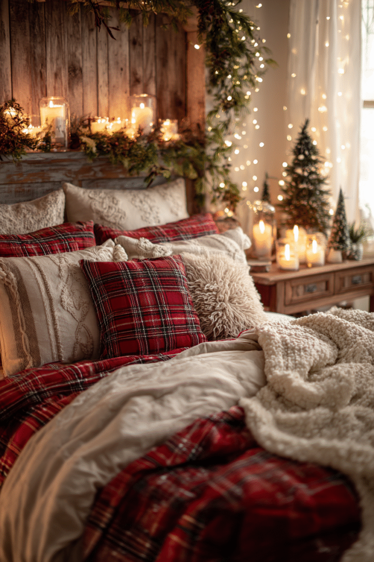 Cozy Christmas bedroom with red plaid bedding, fluffy pillows, twinkle lights, and soft candlelight on rustic wood headboard and nightstand.