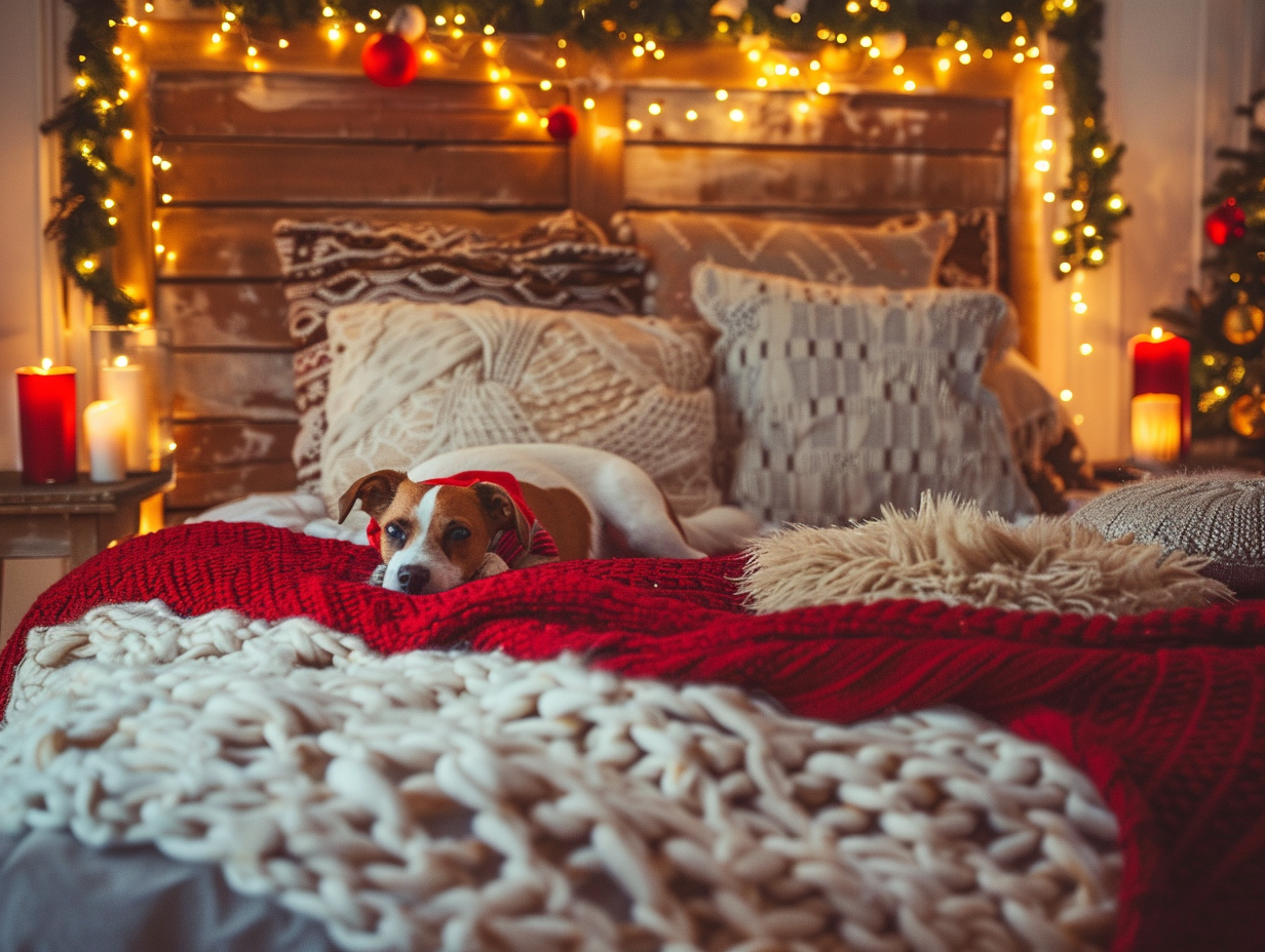 Cozy Christmas bedroom with pet-safe decorations and dog bed beside twinkling lights and festive bedding