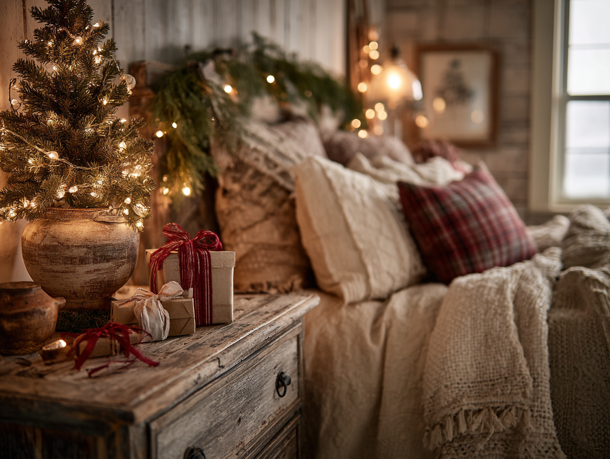 Mini Christmas tree on dresser with pine garland and wrapped gifts in cozy holiday bedroom