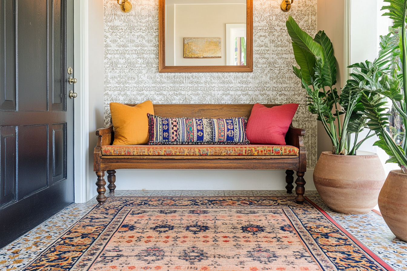 Boho entryway with patterned tile floor, hanging woven baskets, layered throw rugs, soft bench pillow patterns, rattan elements, warm and inviting, vertical layout