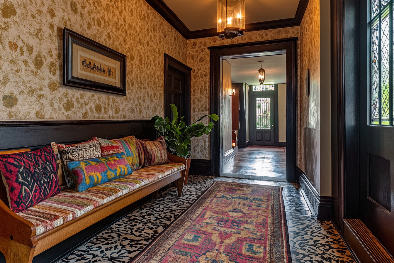 How to mix patterns in a room using bold wallpaper, patterned tile, and layered pillows in an eclectic entryway space.