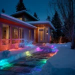 Eco-friendly Christmas lighting ideas with solar pathway lights glowing in snow and LED string lights outlining a modern house, bold vibrant colors.
