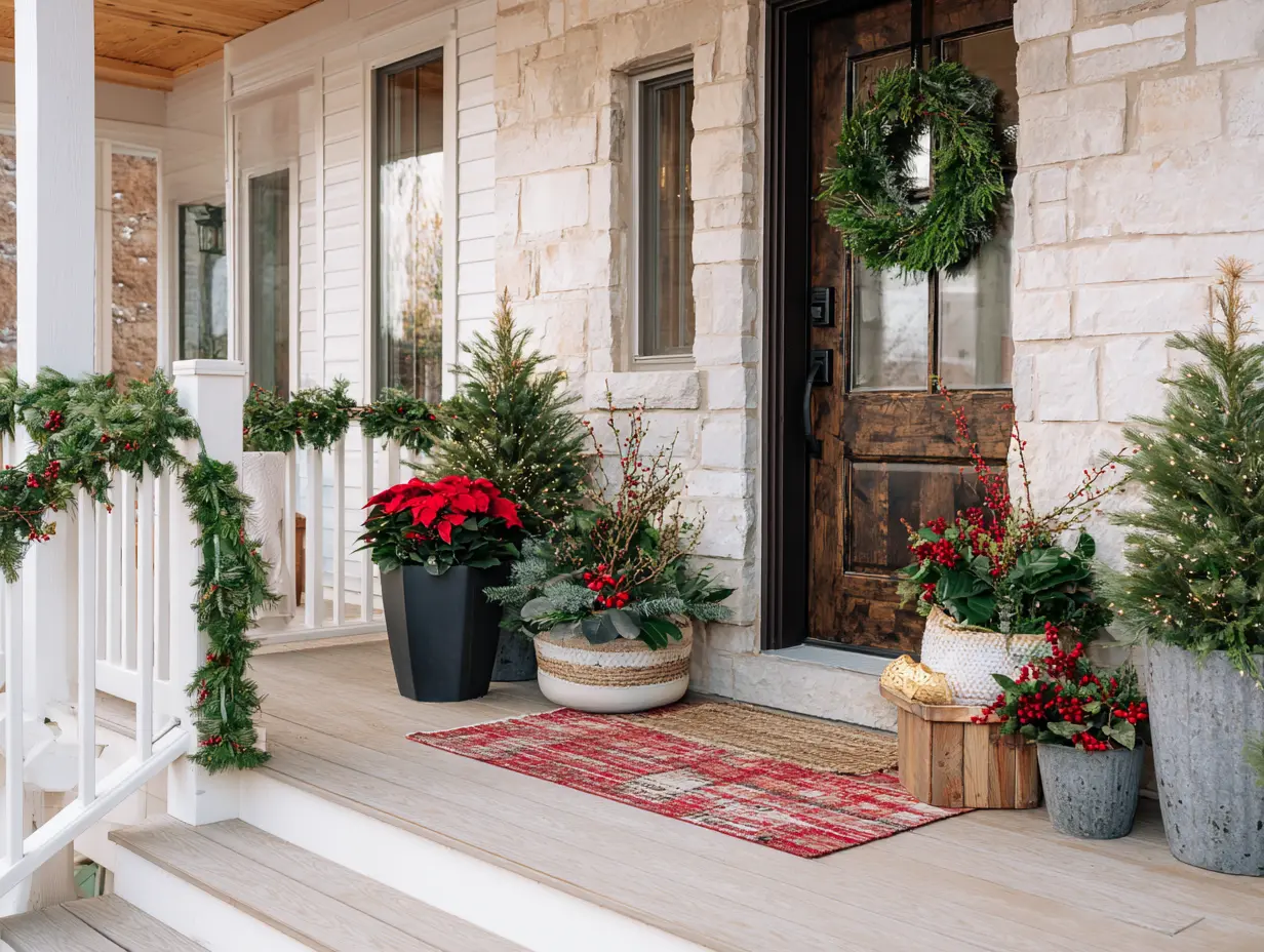 Festive front porch styled with layered doormats, matching planters, a bold holiday wreath, and lighted garland along the railing, designed to answer common decorating challenges like anchoring in bad weather and styling small entryways.